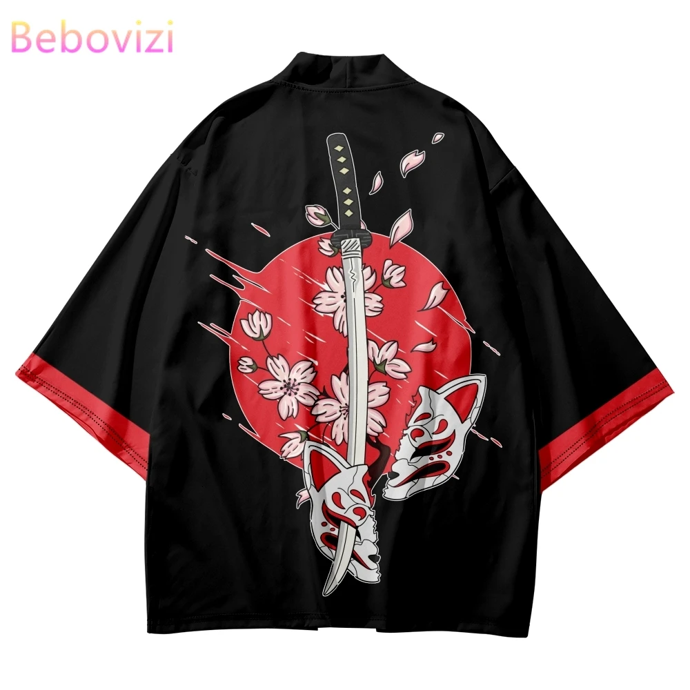 

2023 Summer Beach Kimono Japanese Inari God Fox Print Shirt Haori Fashion Kimono Yukata Men Women Plus Size 4XL 5XL 6XL