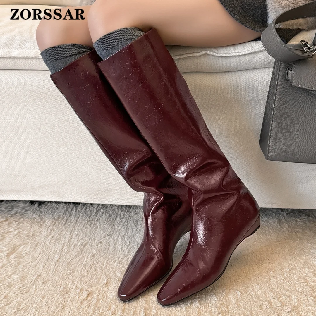 

Women's Genuine Leather 2.5cm Kitten Heel Square Toe Slip-on Autumn Knee High Boots Casual Female Long Boots Shoes for Woman Hot