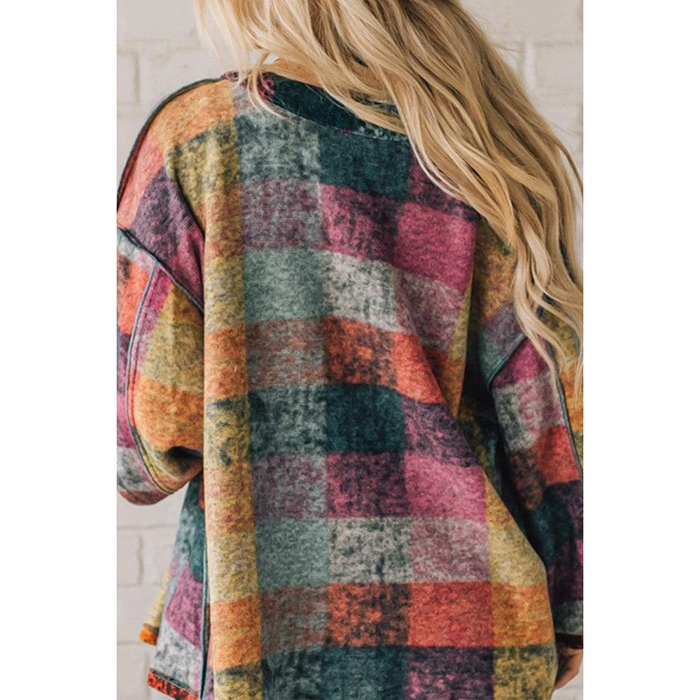 Plus Size Casual Damesjas Veelkleurige Plaid Patchwork Herfstjas Met Enkele Rij Knopen