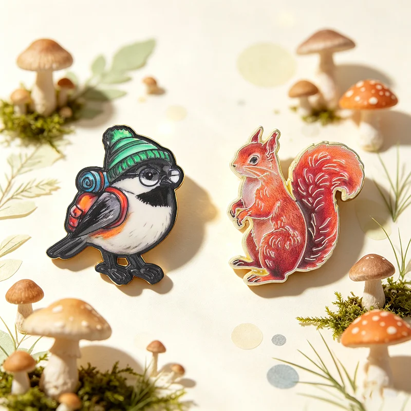 Cartoon Hiking Bird Badges Red Squirrel Enamel Pin Outdoor Nature Animal Brooch Wildlife Accessories