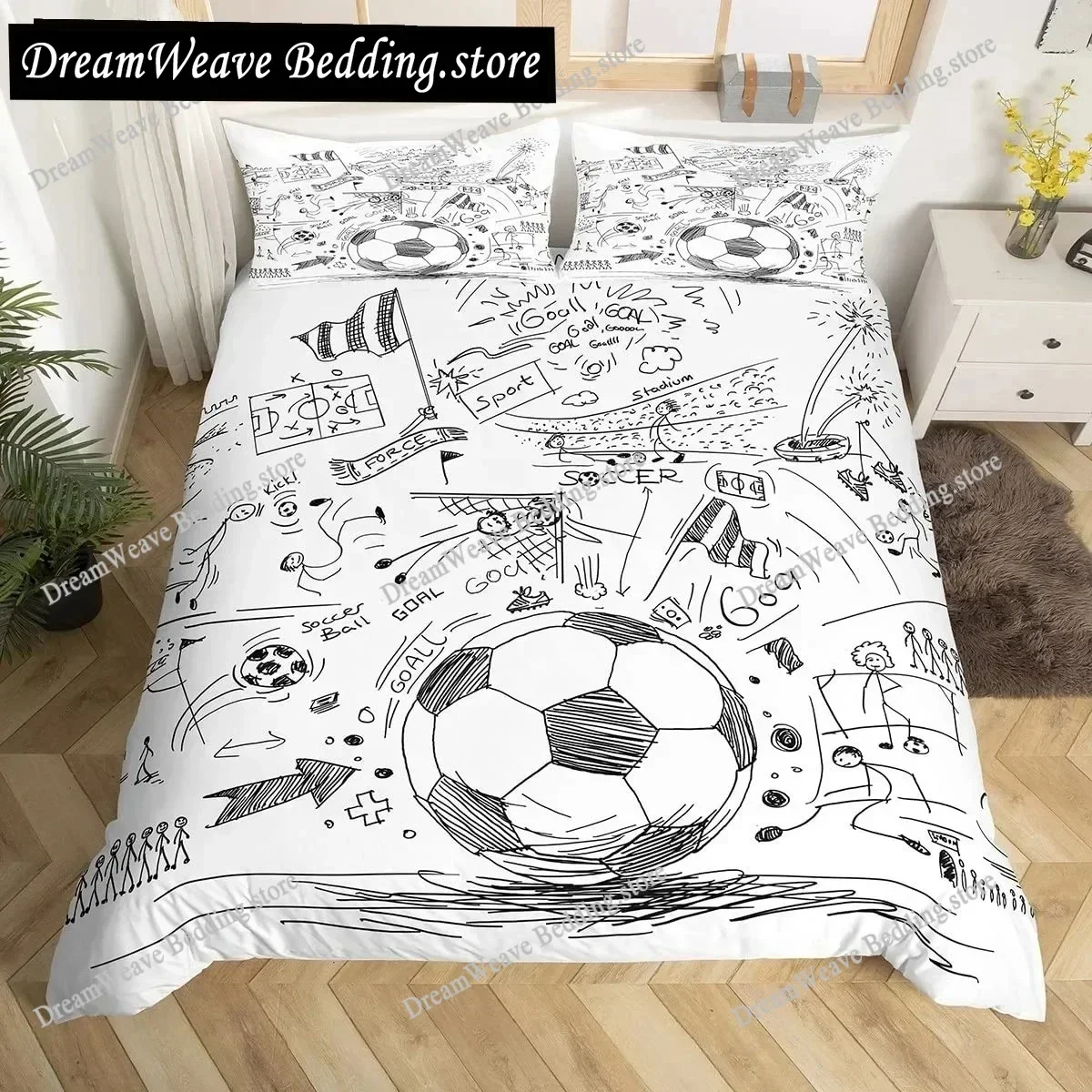 3D Football King Queen Duvet Cover Soccer Bedding Set for Kids Teens Boys Ball Sports White Red Polyester Quilt CoverFQH