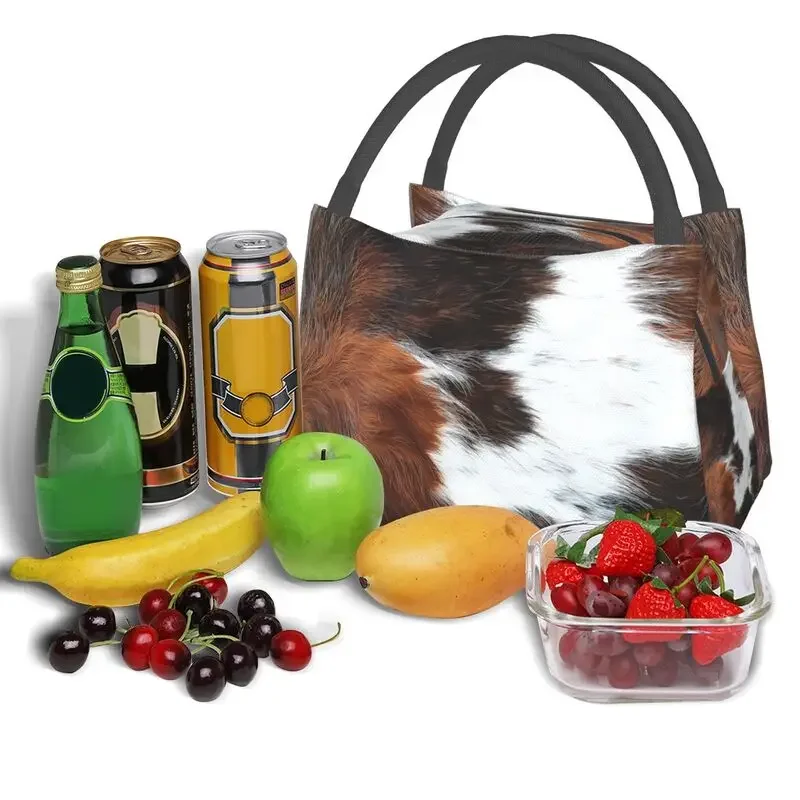 Scottish Highland Cow Cowhide Texture Thermal Insulated Lunch Bag Animal Hide Leather Lunch Container for Picnic Meal Food Box