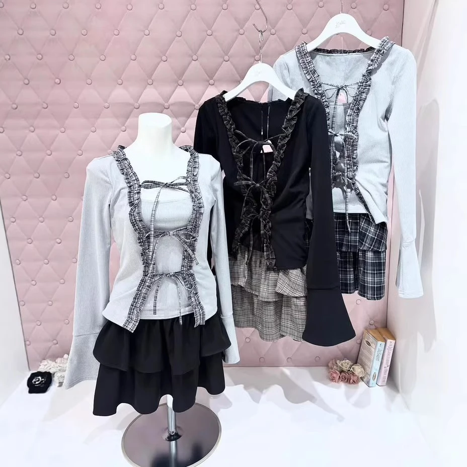 

2026 Spring New Japan Style Sweet Knit Cardigan Women's Slim Fashion Plaid Patchwork Fake Two-Piece Knit Long Sleeve Top Jacket