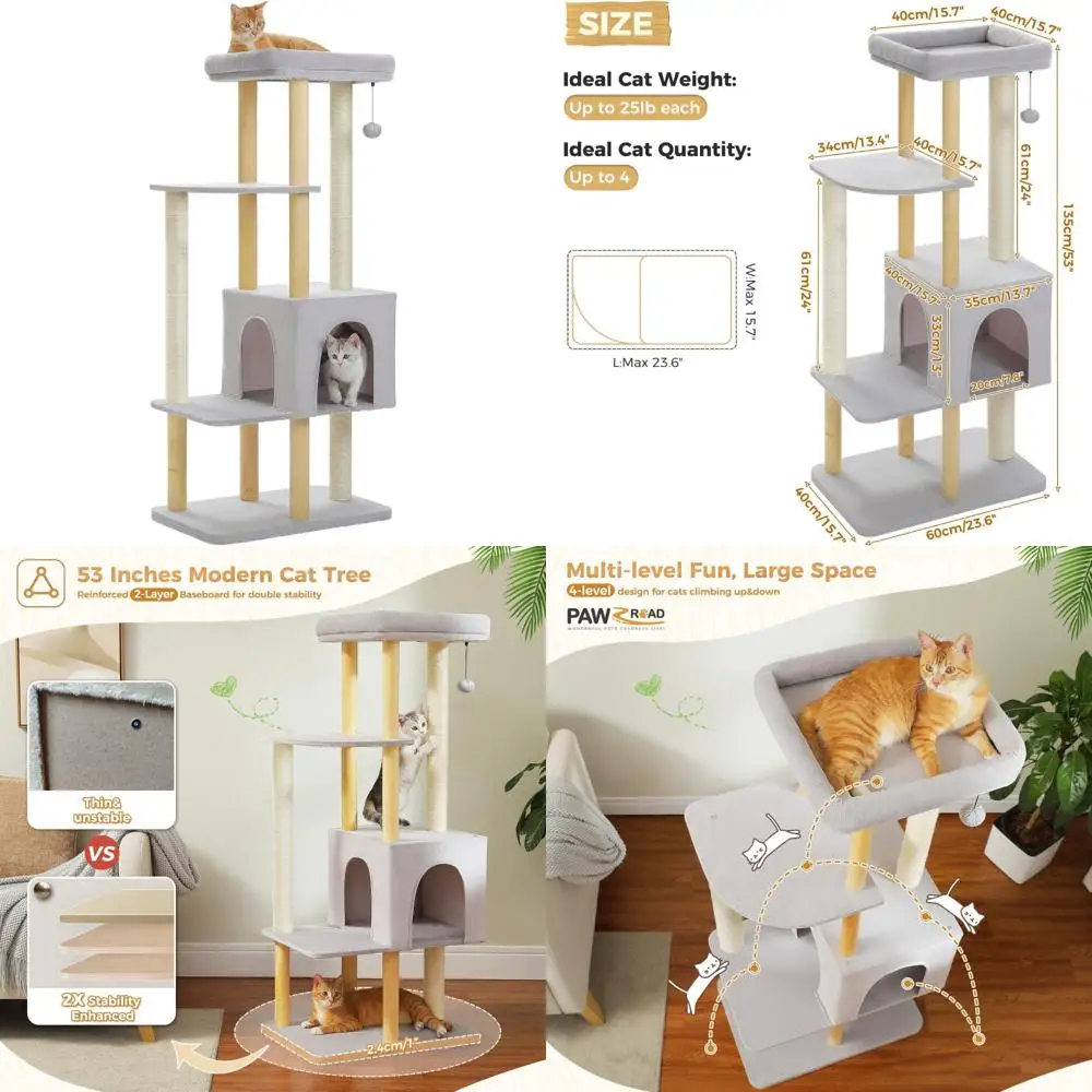 

Large 53-Inch Modern Wooden Cat Tower with Multi-Level Condos and Long Scratching Posts for Indoor Cats