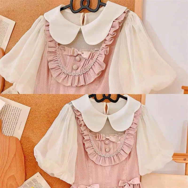 2024 Japanese Sweet JK Lolita Solid Blouses Women Summer Y2k Aesthetic Peter Pan Collar JK Shirts Kawaii See Through Tops Blusas