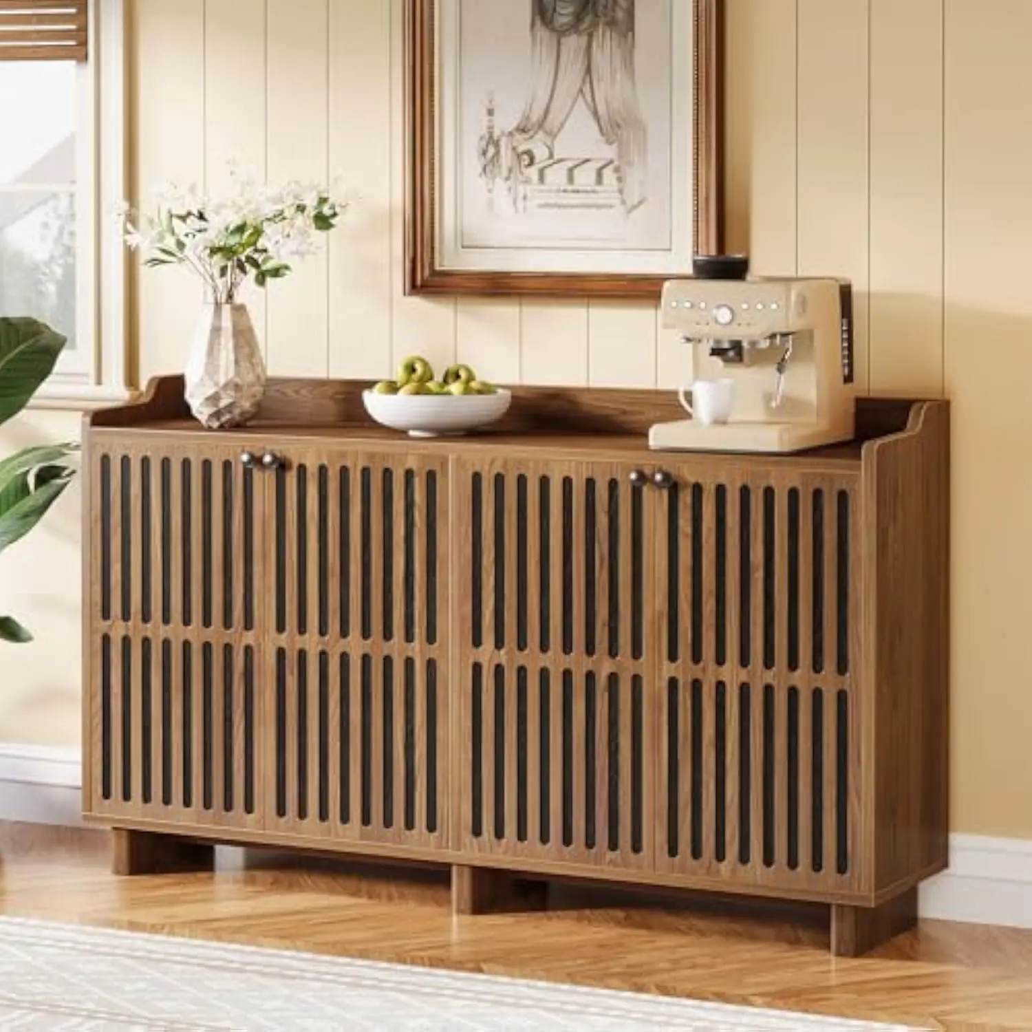 

55-inch Rustic Brown Farmhouse Kitchen Storage Cabinet with 4 Doors and Adjustable Shelves, Wood Credenzas Coffee Bar Cabinet