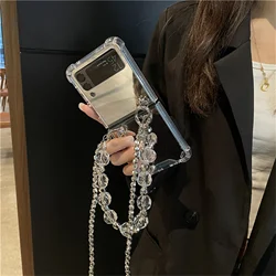 Luxury Rhinestone Beads Bracelet Chain Makeup Mirror Case for Samsung Galaxy Z Flip 4 Z Flip 3 ZFlip5 ZFlip 6 Shockproof Cover
