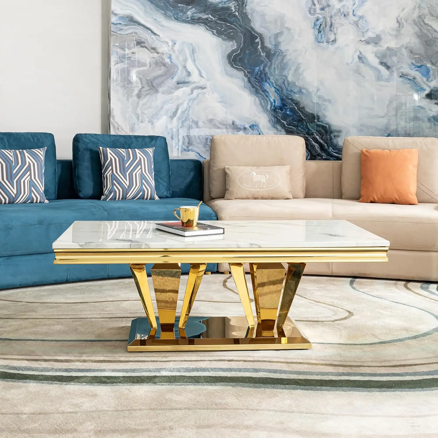 58.18"" Modern Rectangular 0.78"" Thick Mdf Marble Pattern Top, Coffee Table Stainless Steel Base With Gold Mirror Finish