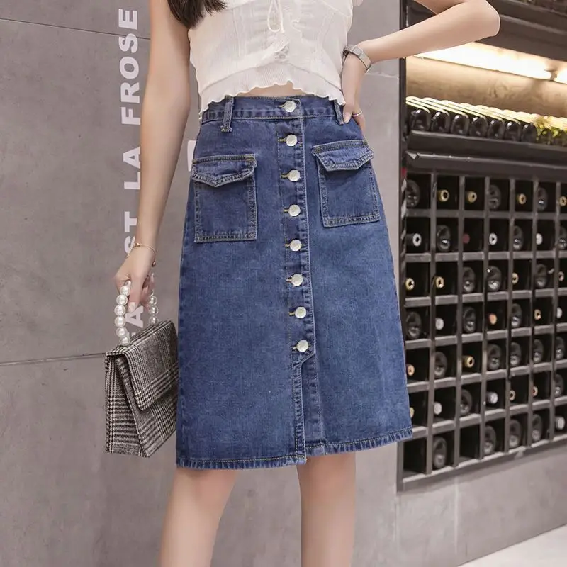 

Женская джинсовая юбка миди с высокой талией, новинка 2026 года, весна-лето, для невысоких, стройнящая, А-силуэт, на пуговицах спереди, универсальная