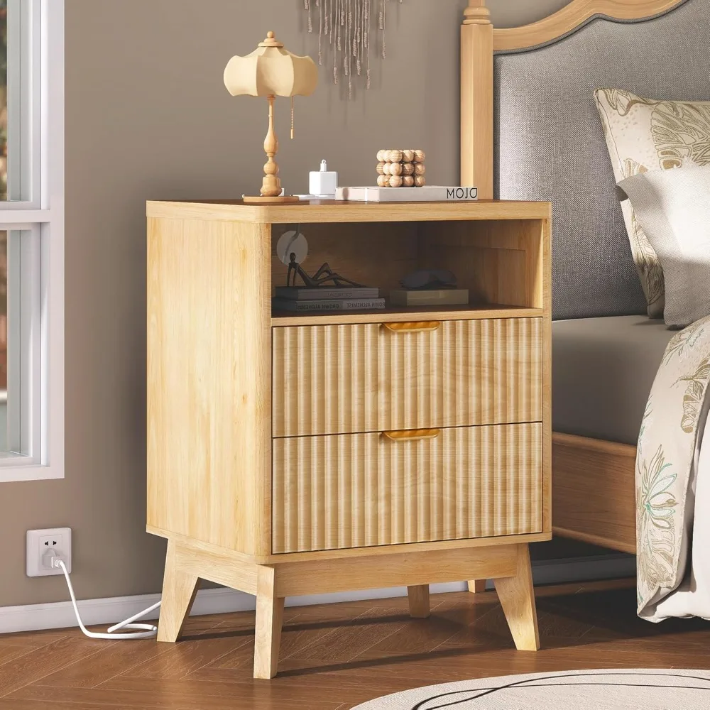 

fluted nightstand with charging station, 19.7 inch wide end table with 2 drawers, modern wood bedside table for bedroom(natural)