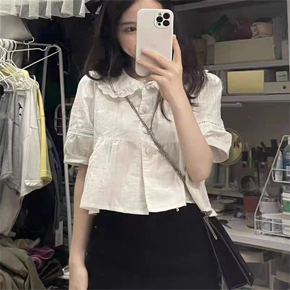 

Sweet Women Short Shirts Fashion White Crop Tops Lace Peter Pan Collar Short Sleeve Loose Summer Thin Hollow Blouses 2026 Blusas