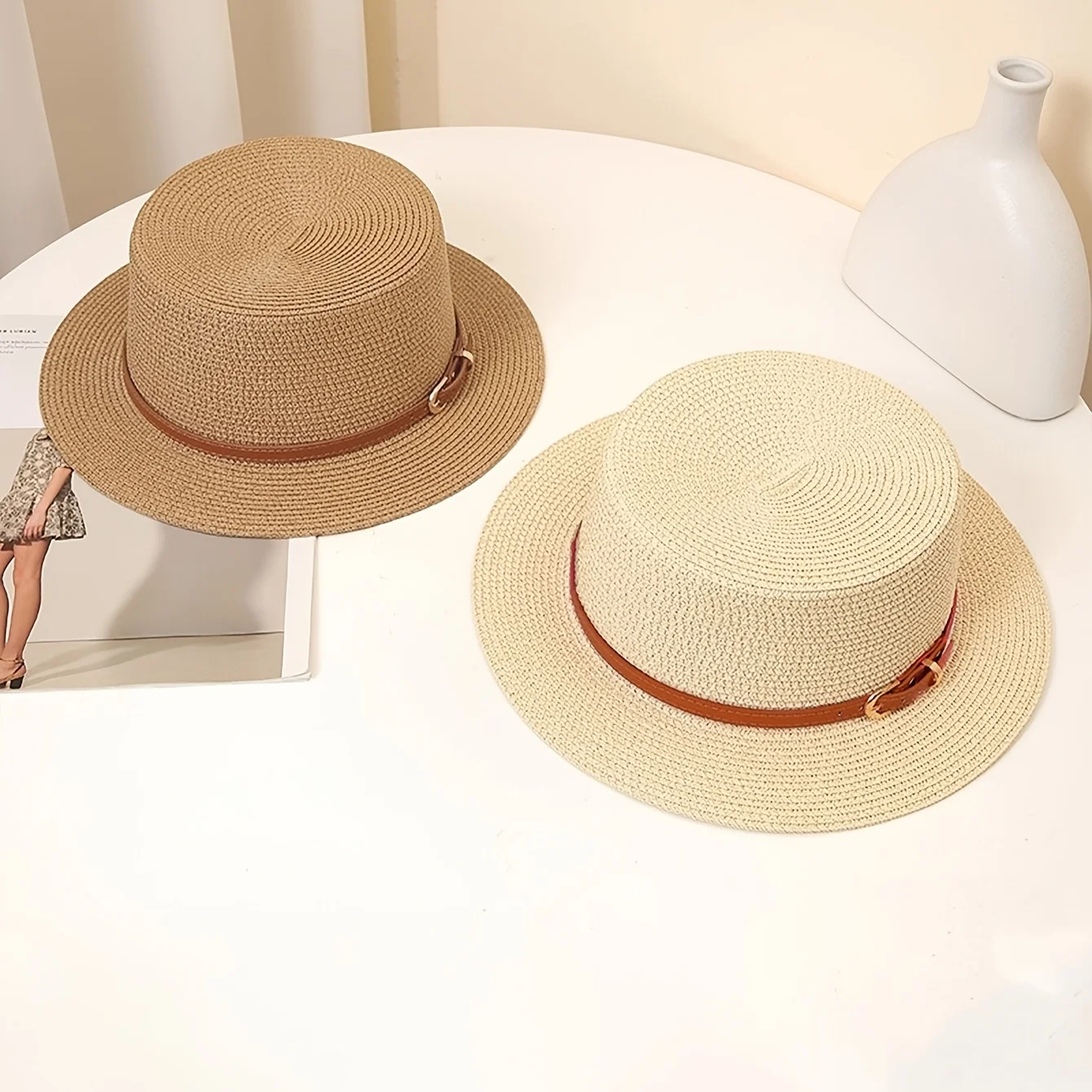 Women'S Wide Brim Sun Hat, Lightweight Flat Hat with Drawstring, Faux Fur, Solid Color, for All Seasons, Beach Accessories image 2