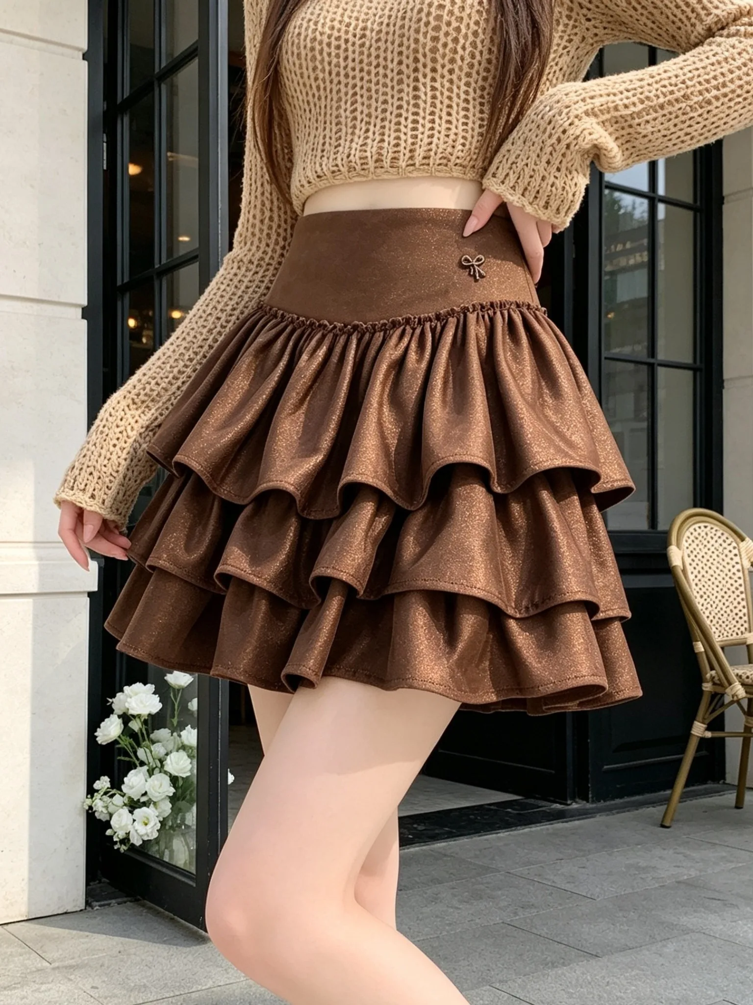 Caramel Suede Cake Skirt High Waist A-Line Puffy  Skirt for Women Autumn Winter New Style Small Size Commute Dress