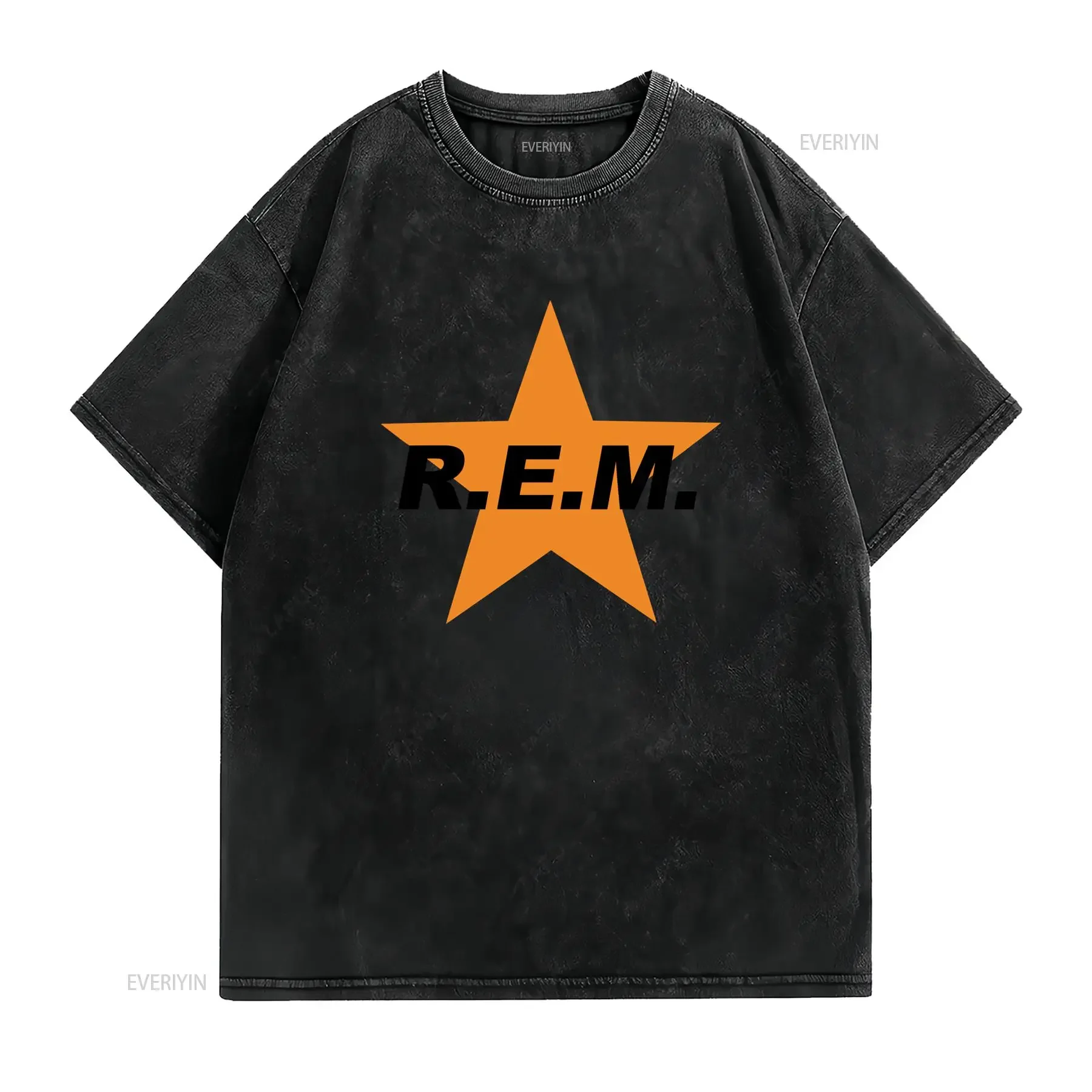 Vintage R E M Rock Band Orange Star Print Casual Streetwear T Shirt vintage Washed fashion graphic streetwear Slightly homme