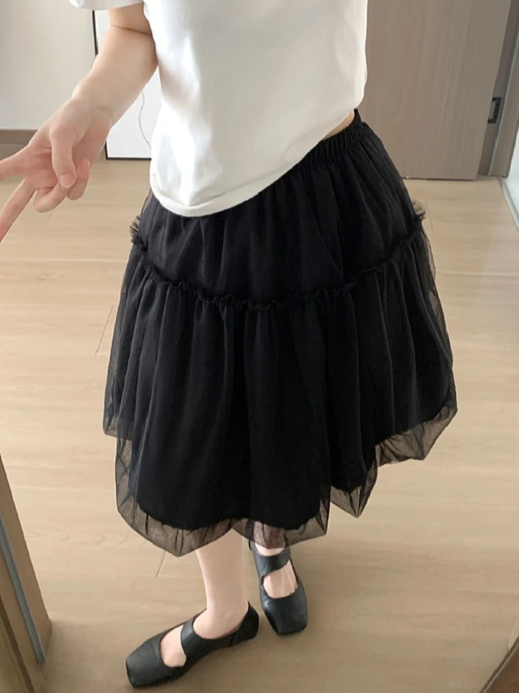 

Korean Fashion High Waist Mesh Skirt for Girls Sweet White Puff Skirt Elasticity Gentle Style Spring Summer 2026 Loose Fit Skirt