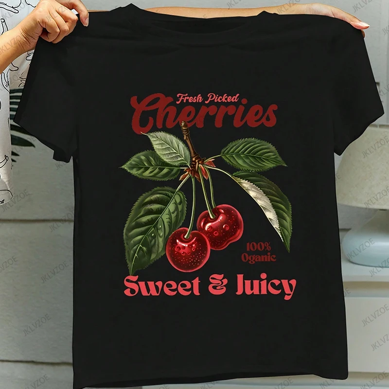 Cherry Pattern Letter Print Oversized T-shirt For Women Short Sleeve Loose Casual Tees Streetwear Vintage Cotton Harajuku Tops