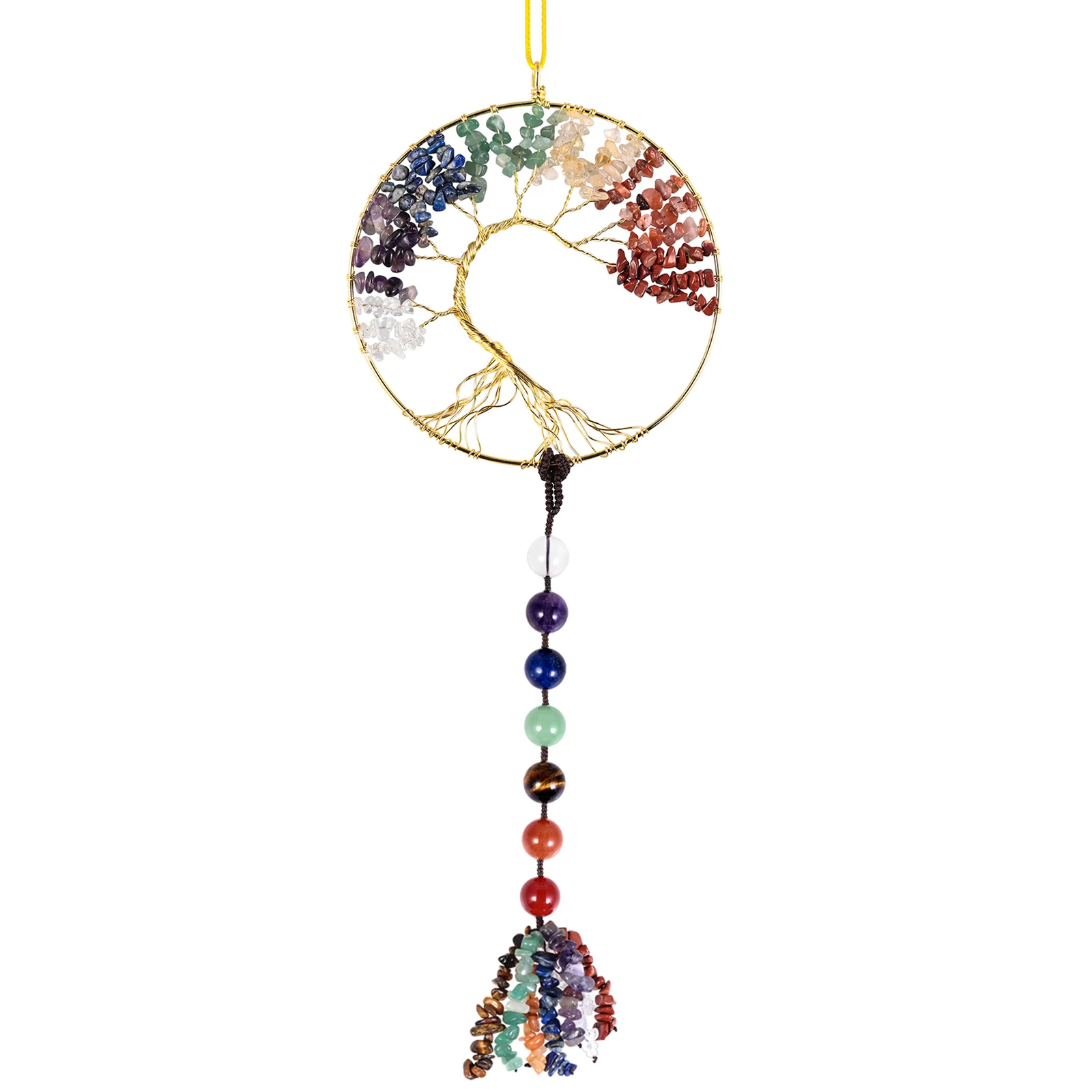 

7 Chakra Life Tree Hanging Ornament With Crystal Tumbled Stones Tassel Reiki Healing Feng Shui Decoration For Wall Window