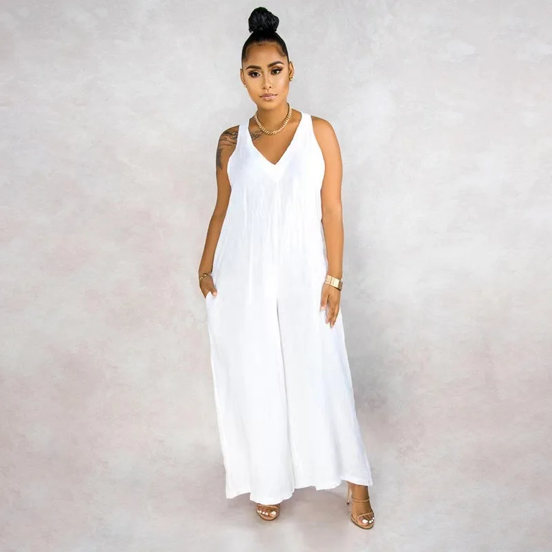 Ladies Sleeveless Onesie Bodysuit Loose Casual Female Women Solid V-Neck One-Piece Wide Leg Romper Overalls Jumpsuit Streetwear