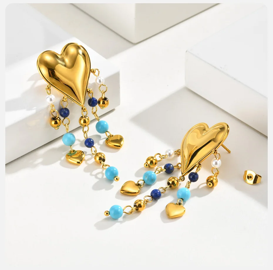 Vnox Böhmische Naturstein-Ohrhänger für Damen, vergoldet, mit Herzfransen, Lapislazuli, Türkis, Perlen, Ohrschmuck für den Strand – Detail 6