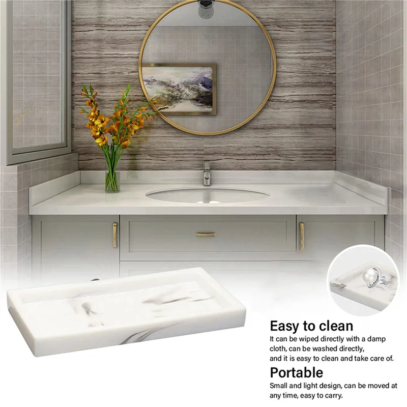

B84B-2X Marble Pattern Resin Tray Non Slip Rectangular Plate Countertop Bathroom Soap Shampoo Storage Tray Home Decor,White
