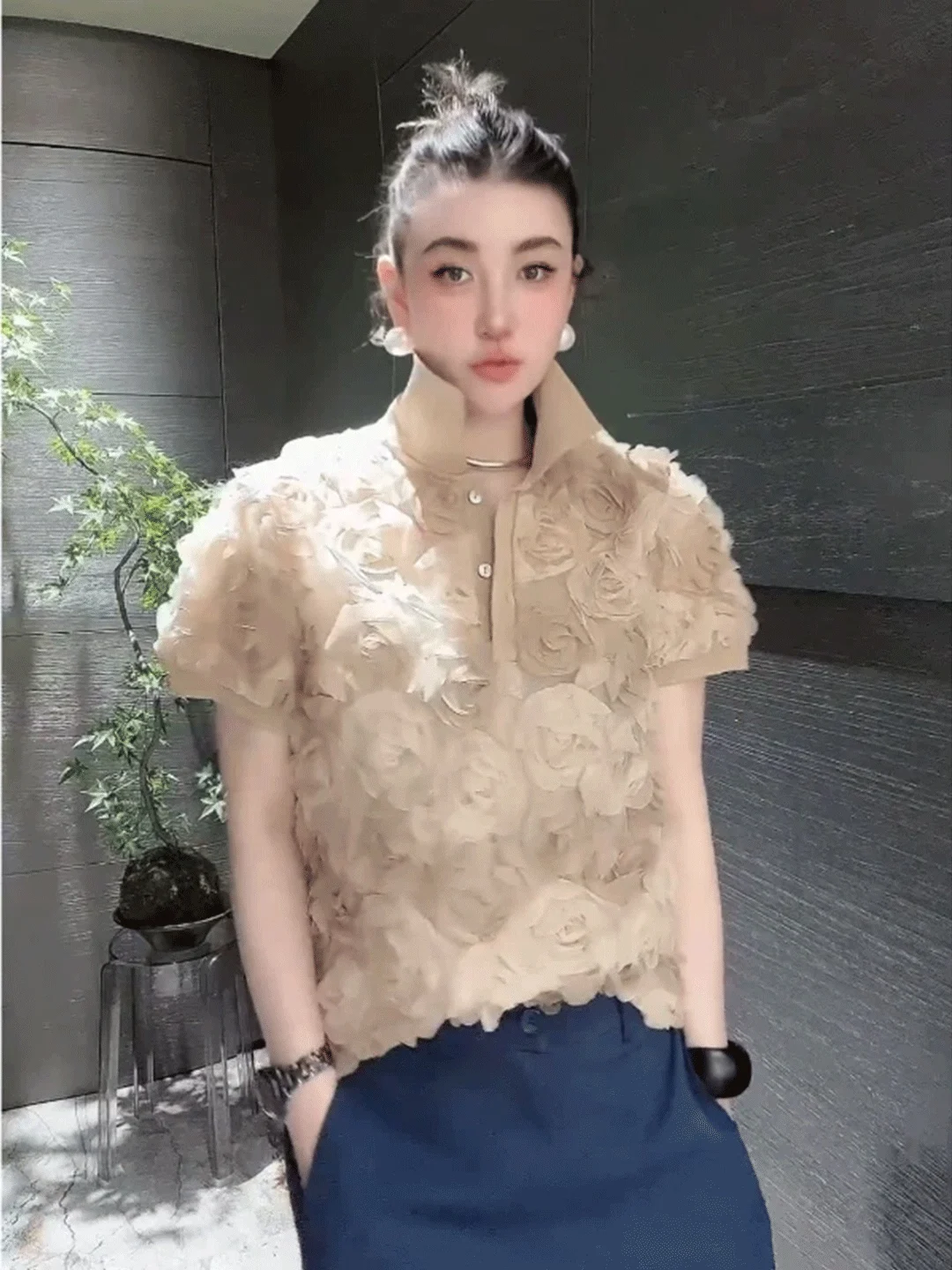 Floral Print Stand Collar Short Sleeve Loose Women's T-Shirt Summer New Style Elegant Design French Style Universal Fit