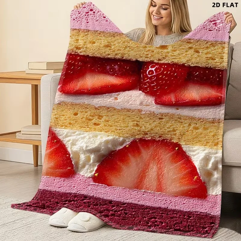 Realistic Strawberry Cake Print Throw Blanket Soft All‑Season Sofa Bed Decor Travel Nap Blanket Fun Food Style Blanket