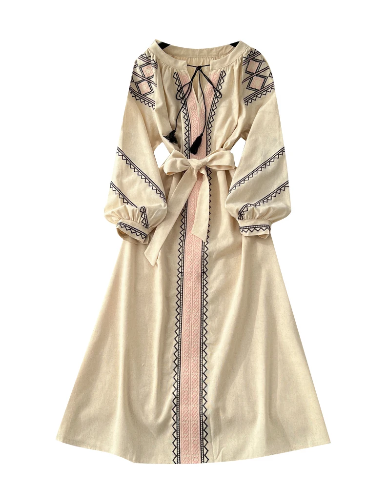 レトロな女性用ドレス、ファッショナブルなベルト付きウエスト刺繍入りランタンスカート、ハイウエストAラインロングスカート...