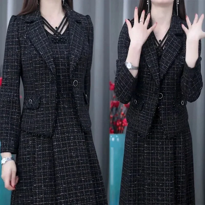 Gaun wanita paruh baya, set gaun wanita paruh baya musim semi musim gugur High End elegan Blazer mantel dan gaun panjang 2 potong gaun temperamen OL wanita