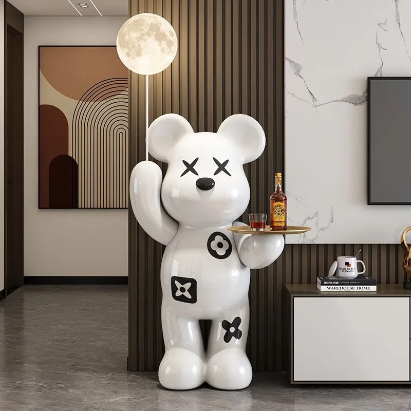 Violent Bear Floor-standing Ornament with Storage Tray Cartoon Statue Decoration with Moon Nightlight Home Sculpture Decor Gift