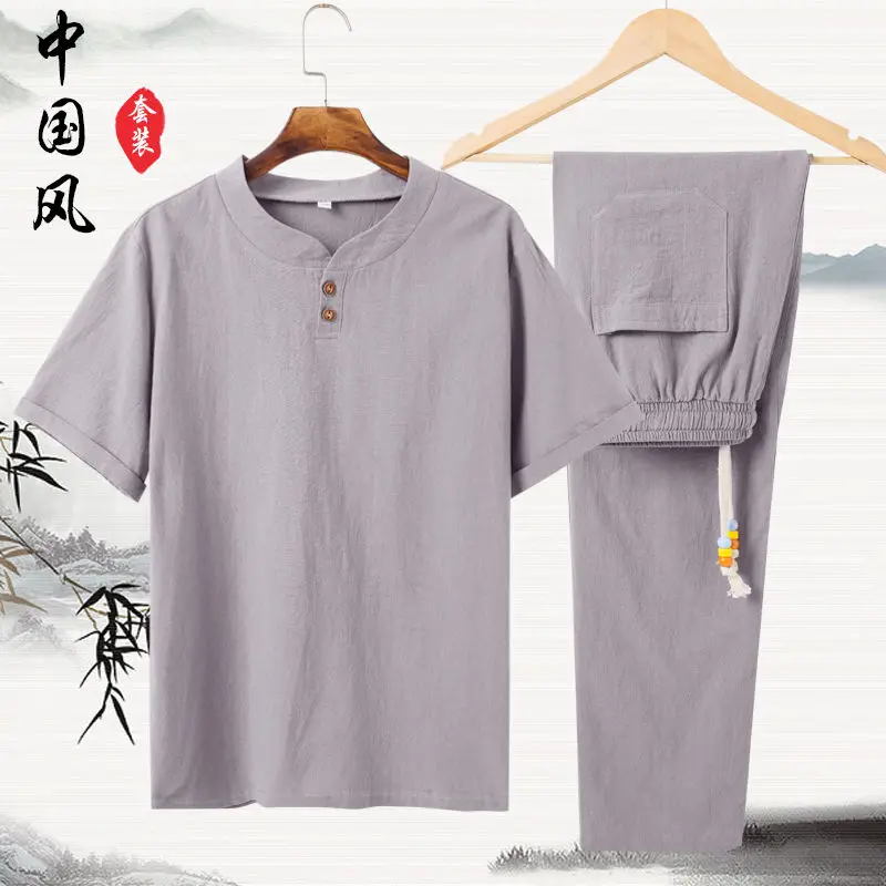 Linen Cotton T-shirt Men\'s Set Chinese Style Short Sleeve Sportswear +trousers 2 Piece Sets Summer Men Tracksuit Solid Suit