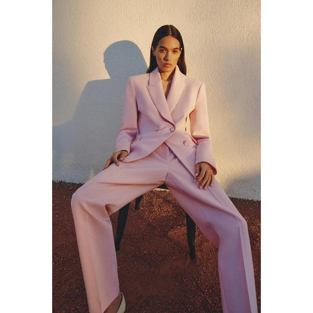 

Summer Chic Pink Women 's Suit two pieces Sets Double Breasted Jacket Straight Pants Sets Fit Office Daily Life Female Clothing