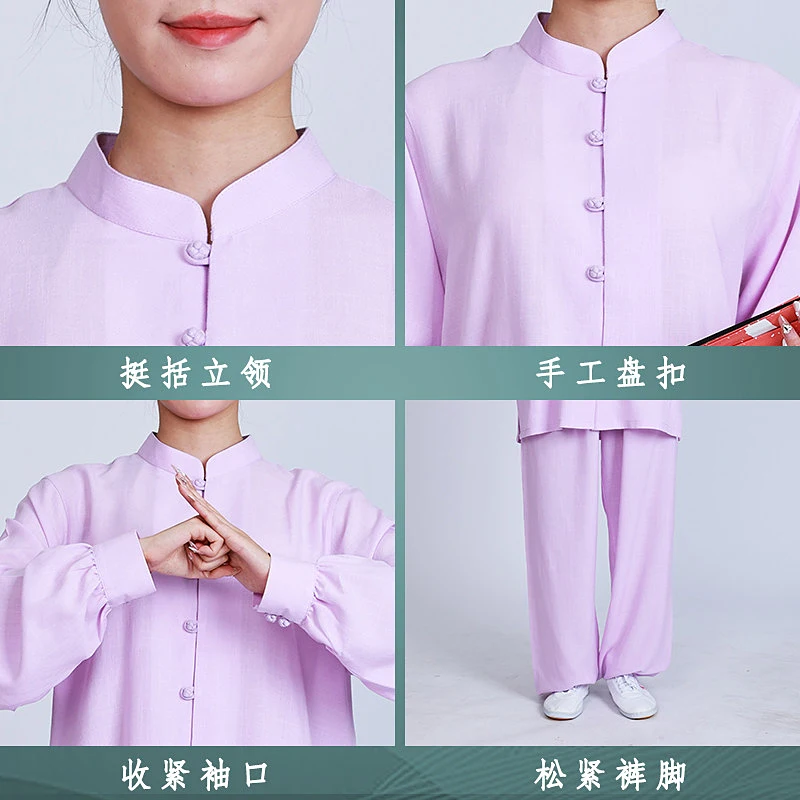 Women's 2026 Modern Linen Cotton Blend Tai Chi Uniform - Floral Embroidered Performance Outfit for Baduanjin, Martial Arts Pract