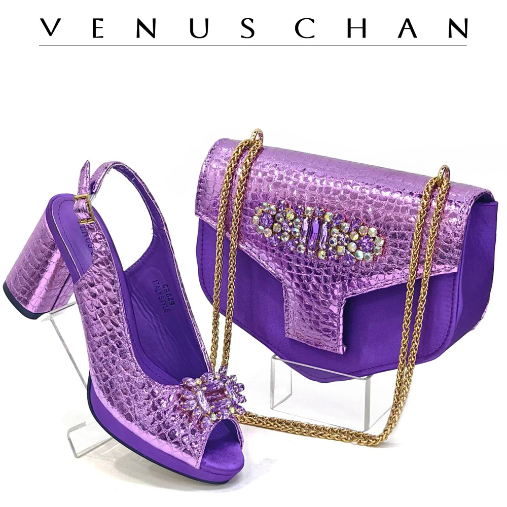 New Arrival Purple Colour Shoe and Bag Set Luxury Designer Shoes Women Matching Wedding Shoes and Bags Decorated With Rhinestone