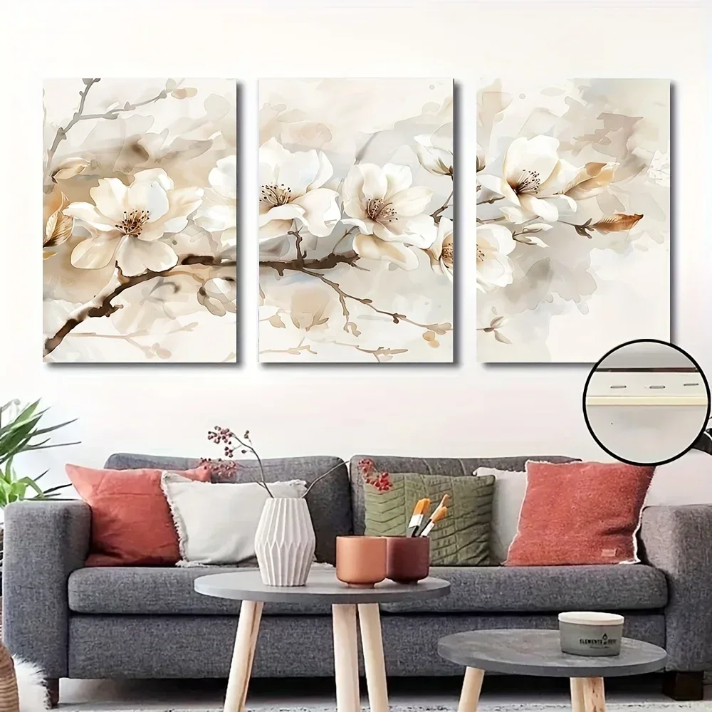 2D Flat, 2D Flat, 3pcs Framed Abstract Magnolia Flower Canvas Wall Art Set - Mixed Color Floral Paintings, Vintage Orchid Tre