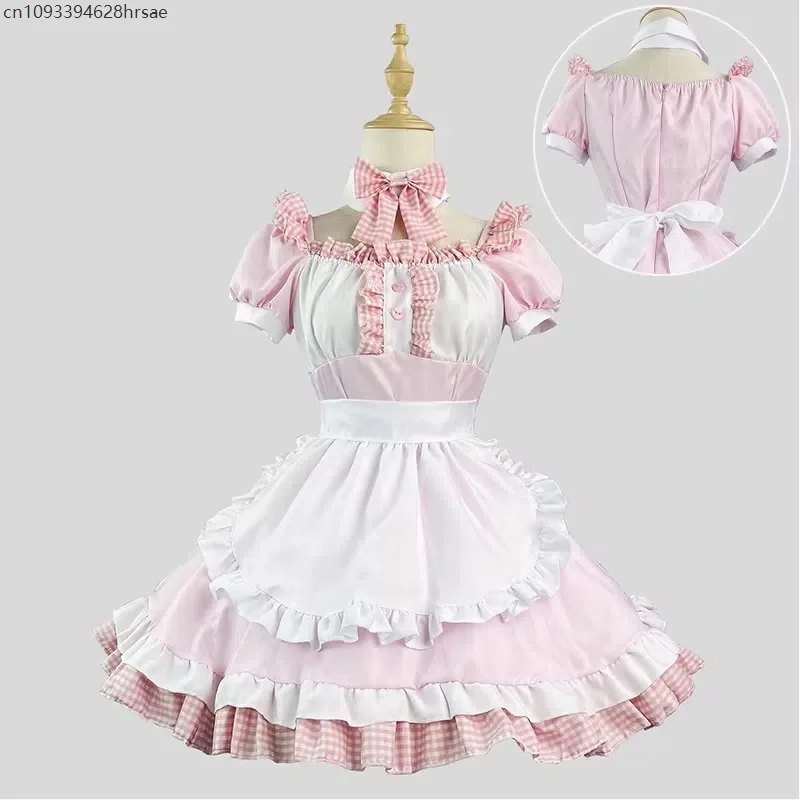 

Pink Maid Dress for Women Lolita Cafe Servant Cosplay Costume Anime Cos Dress Up Adult Halloween Clothing