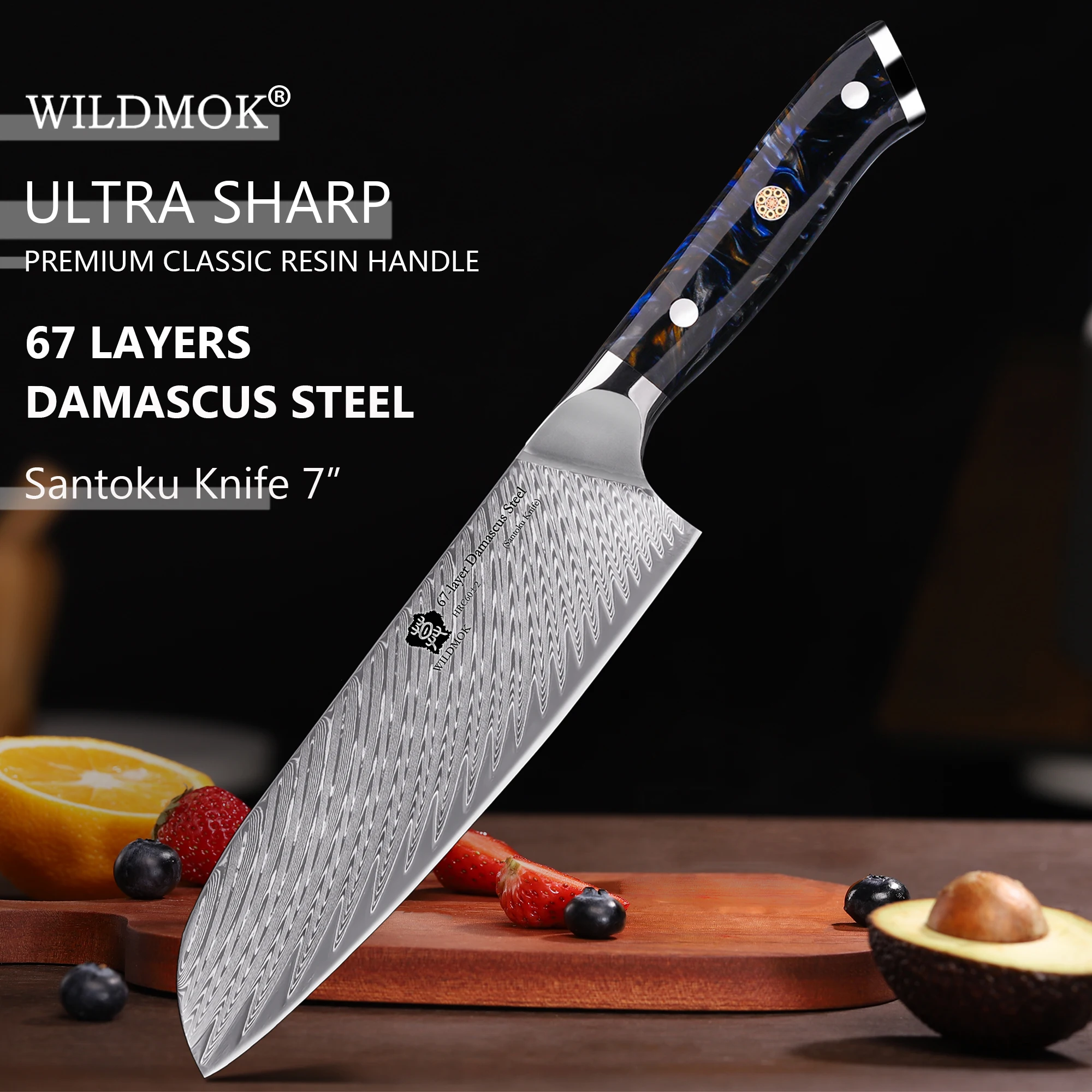 WILDMOK Santoku Knife 7' Kitchen Knife, Ultra Sharp with Japanese Damascus VG10 Steel Santoku Knife, Ergonomic Resin Handle