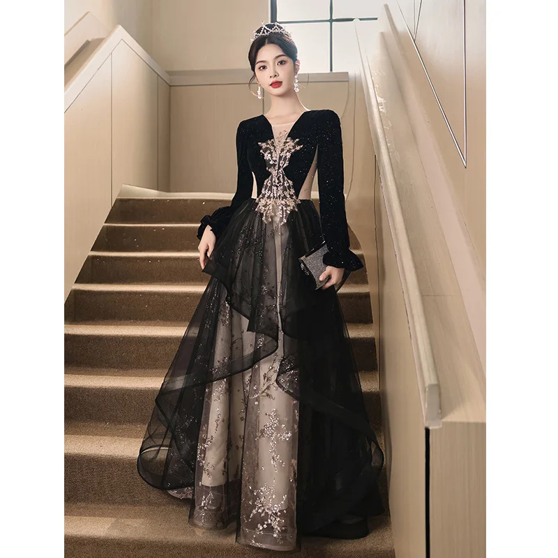 

Black Evening Dress 2024 New French High-end Light Luxury Niche High-end Dinner Annual Meeting Host Art Examination Long Sleeve