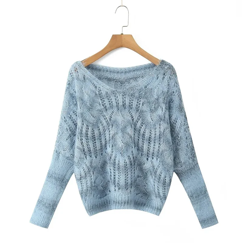 Women Fashion Printed Hollow Out Knitted Pullover Sweater Vintage O-Neck Long Sleeves Female Chic Lady Tops