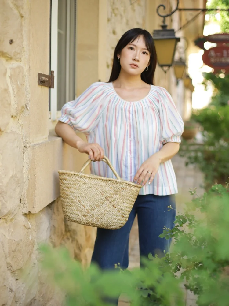 

Ohmyloli Retro Vertical Stripes Lightweight Cotton Loose Mid-Sve Summer oulder Insert Doll irt French Sle r...