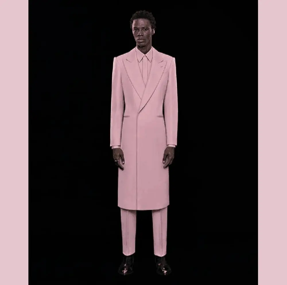 Pink Long Men Suits 2 Pieces Blazer+Pants Handsome Slim Celebrity Wedding Formal Work Causal Tailored Set