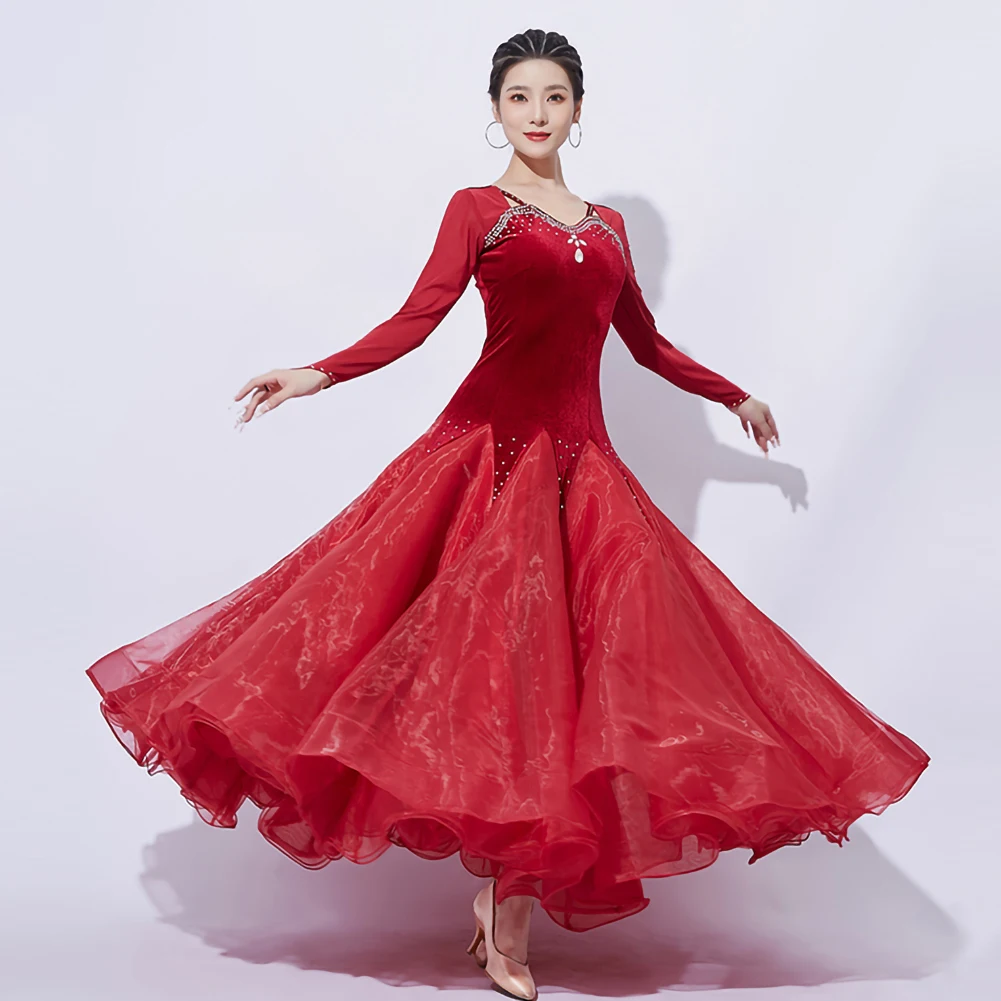 Novo estilo vestido valsa padrão vestido de baile manga longa vestido de dança feminino vinho vermelho preto desempenho