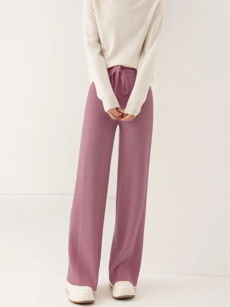 

Новые женские широкие брюки из 100% мериносовой шерсти с высокой талией на шнуровке, осень-зима, кашемировый трикотаж, толстые шерстяные брюки