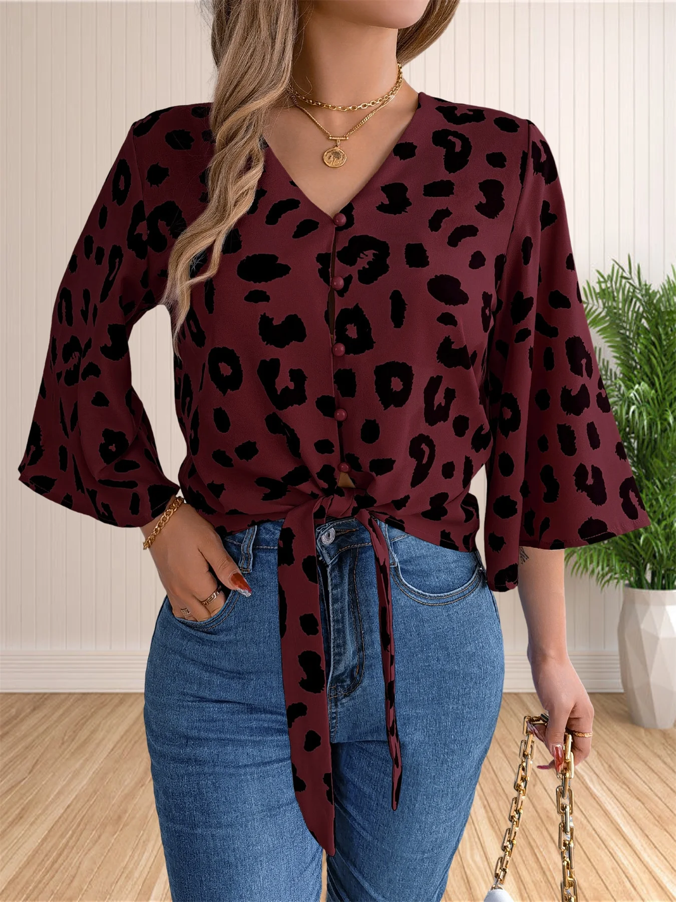 여성용 루즈한 V넥 블라우스, 단추 다운 3/4 소매 타이 매듭 튜닉 셔츠 상의