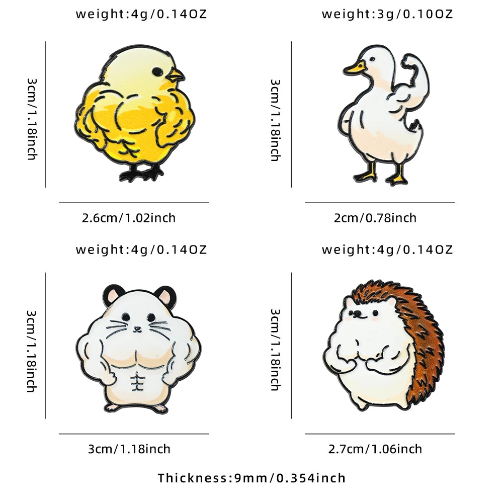 4-teiliges Cartoon-Fitness-Tier-Emaille-Broschen-Set: Muskel-Ente, Hamster, Igel Anstecknadeln – Lustiges Fitness-Geschenk für Sportbegeisterte – Detail 1