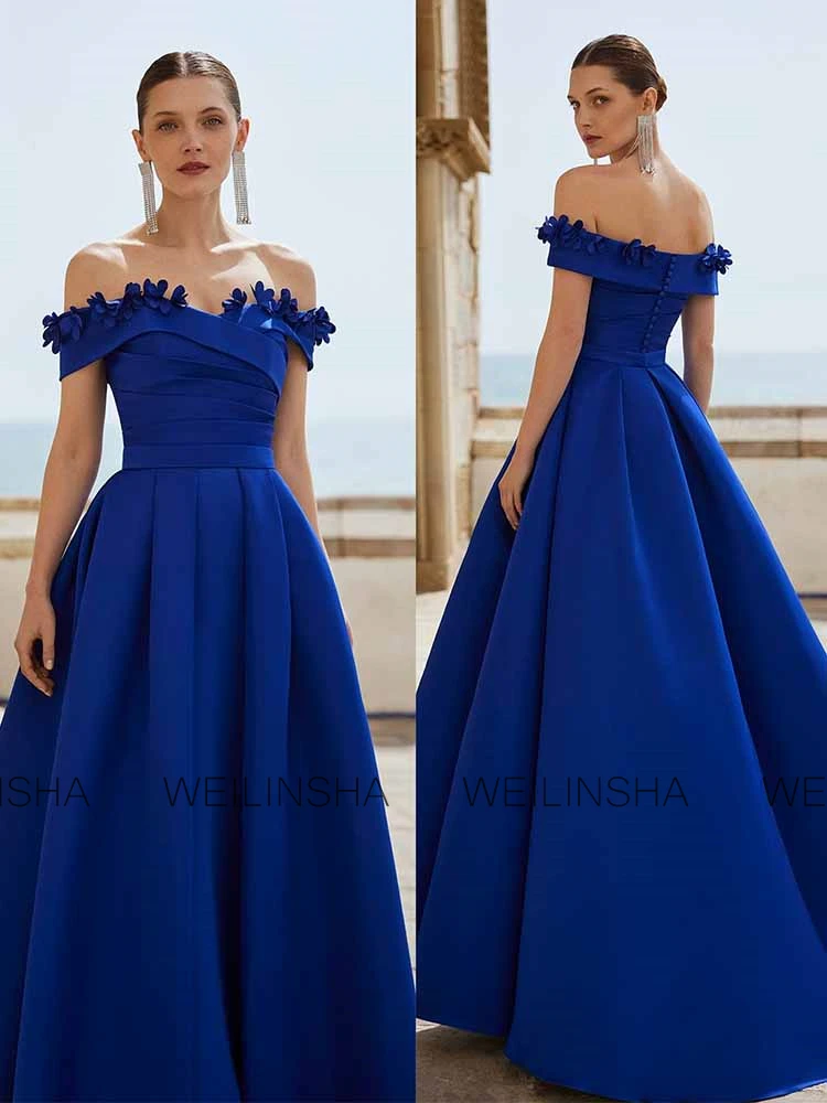 Modern Guest Wedding Party Dresses Satin A-line Formal Evening Dress Dark Royal Blue Off-the-shoulder Applique Button Prom Dress
