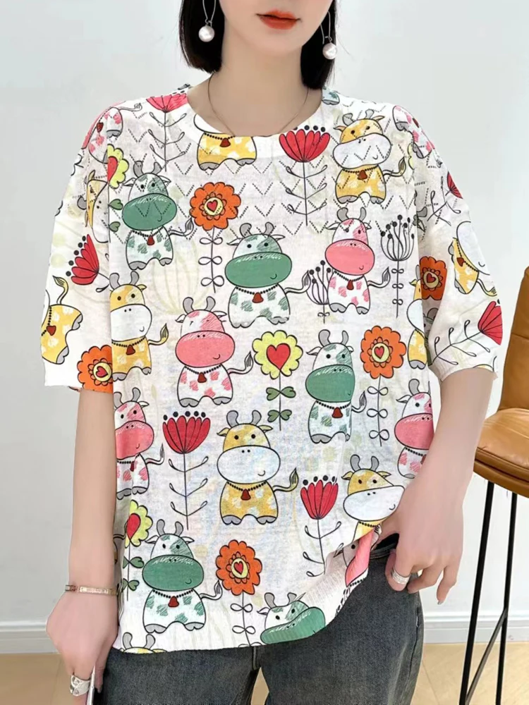 

Summer Knitted T Shirt Women Pullovers Clothes 2024 New Quality Tees Top Short Sleeve Casual Floral print Hollow Women's T-shirt