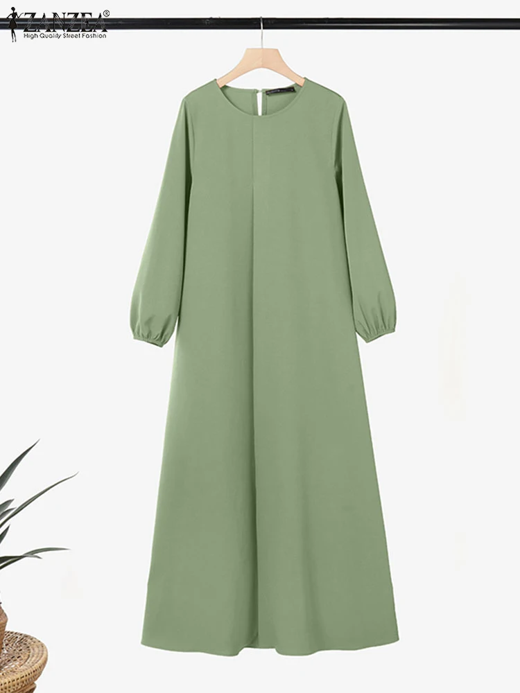 

ZANZEA Women's Islamic Abaya Robes Solid Color Hijab O-Neck Casual Pleated Design Long Vestidos Muslim Long Sleeve Eid Dresses