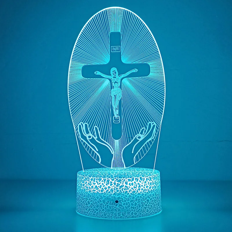 Jesus Cross 3D LED Night Light for Friends Xmas Easter Room Decor Gifts Crucifix Optical Illusion Desk Table Lamp Nightlight