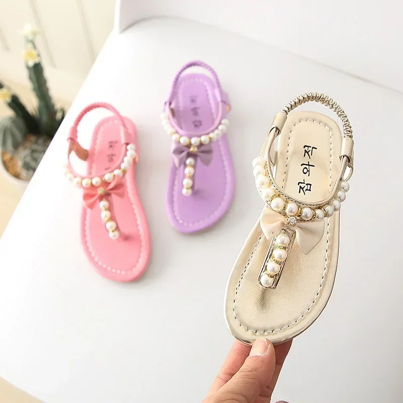 

Classic Girls Sandals 2025 Summer Kids Beach Sandals Children Gladiator Sandals with Pearls Beading Bow-knot Princess Chic 21-36