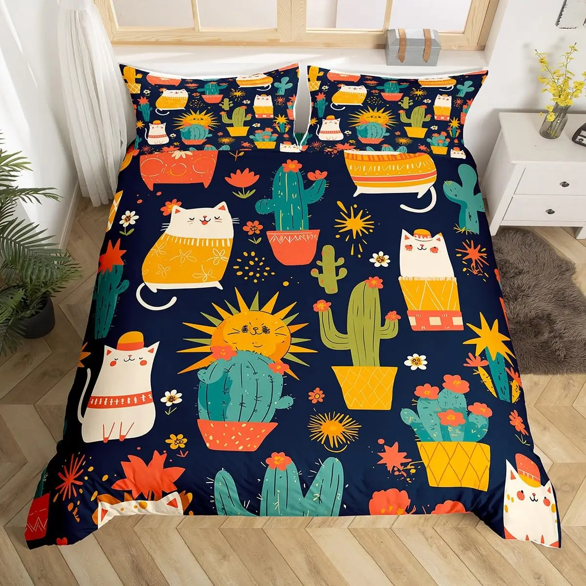 

Tropical Botanical Bedding Set Bulbous Cactus Sketch Drawing Comforter Cover Cute Desert Plants Duvet Cover Flower Quilt Cover